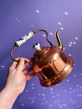 Vintage Copper Tea Pot Kettle with Porcelain Delft Handle and Knob